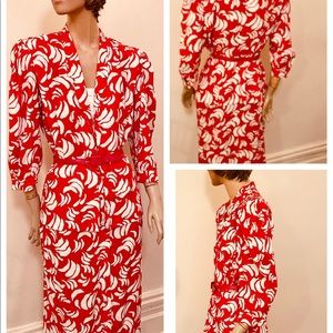 red and white print secretary dress